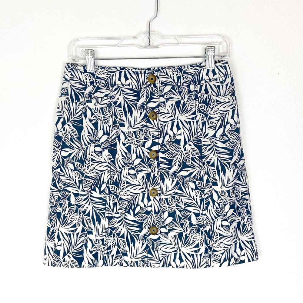 Loft Hawaiian Leaf Print Short Skirt Button Detail Teal Blue Midi 4 Petite
